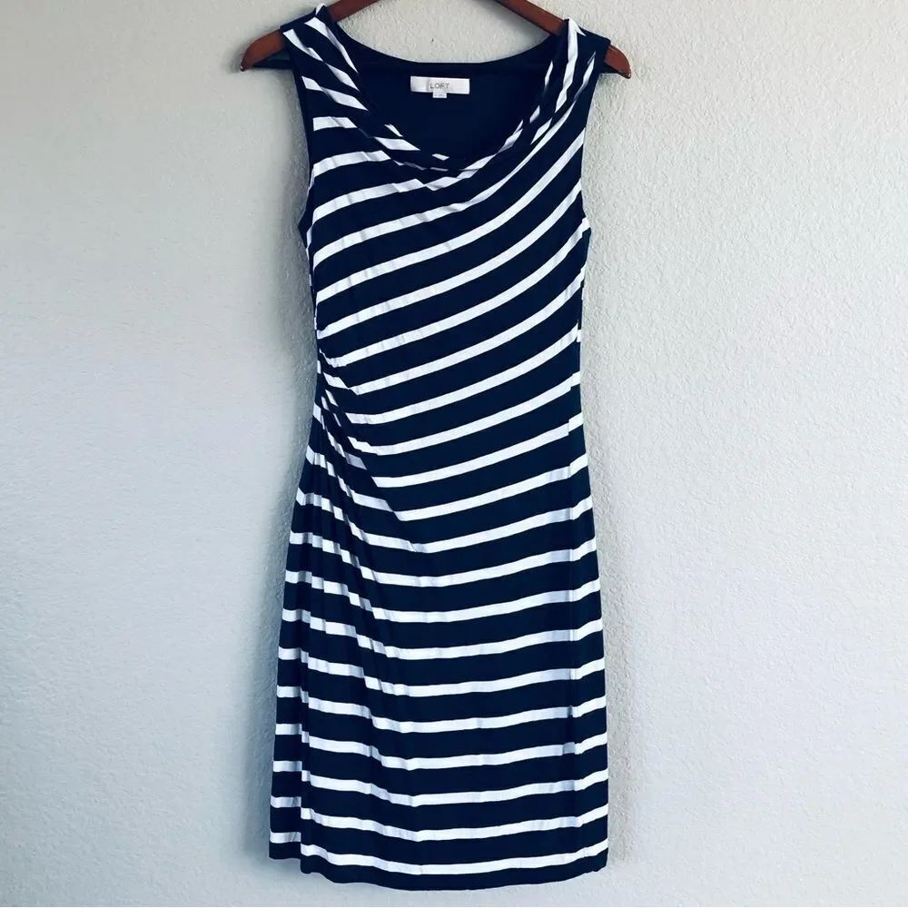 Ann Taylor LOFT Navy Blue Sleeveless Knit Striped Dress S